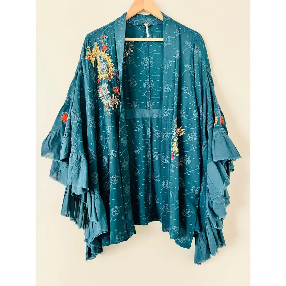 Free People Dottie West Kimono‎ Women's Blouse Top Shirt XS S Teal Embroidered